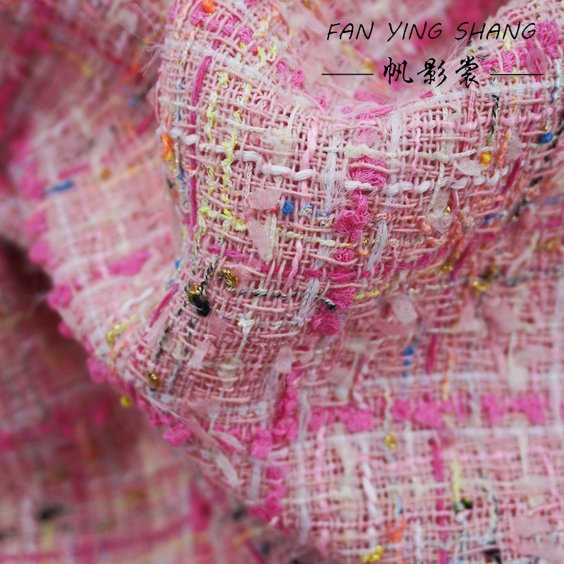 Sewing Tweed - Pembe Ekose Püsküllü Pamuklu Tüvit Kumaş,